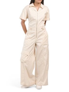 Zara Cream Short-Sleeve Utility Jumpsuit